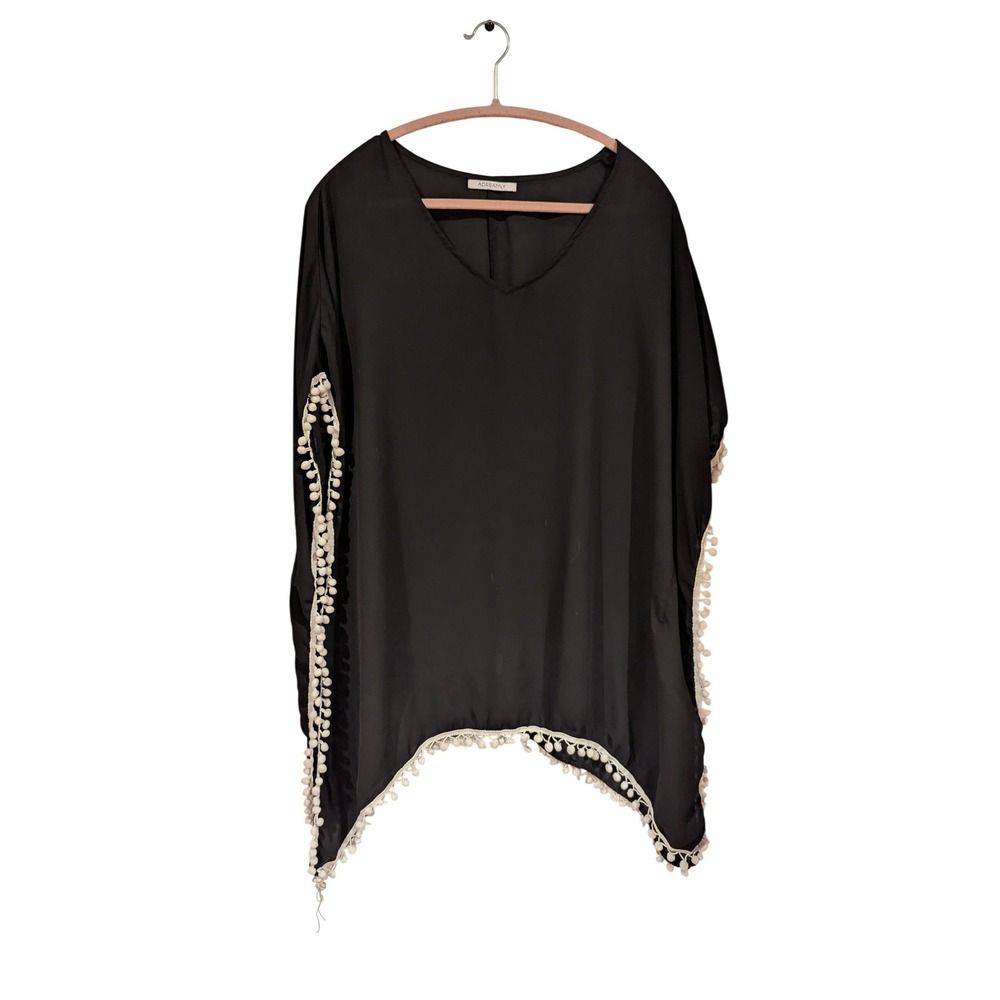 Adreamly Black Chiffon Pom Pom Trim V-Neck Swimsuit Cover Up Poncho One Size